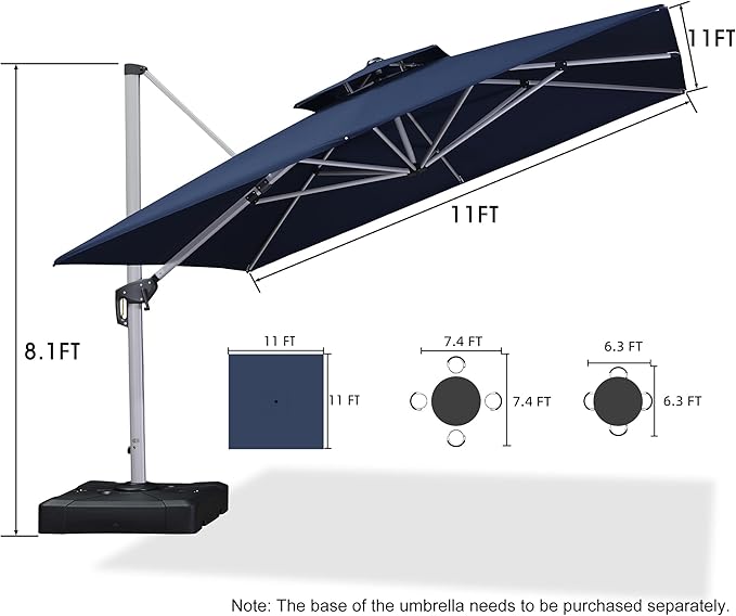 PURPLE LEAF 11 Feet Double Top Deluxe Square Patio Umbrella Offset Hanging Umbrella Cantilever Outdoor Market Umbrella Garden, Navy Blue
