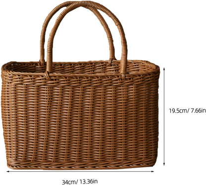 Alipis Decorative Woven Basket with Handle, Brown Plastic Rattan Flower Arrangement Basket for Storage, Picnic, Home Decor, Fruits, Vegetables, Camping, Weddings