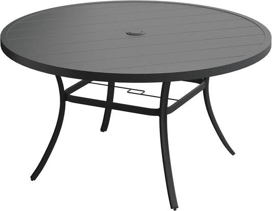 VICLLAX 60" Outdoor Round Patio Table for Lawn Garden, All Weather Metal Round Patio Dining Table with Adjustable Umbrella Hole, Outdoor Table for 8-10 Person, Black Tabletop
