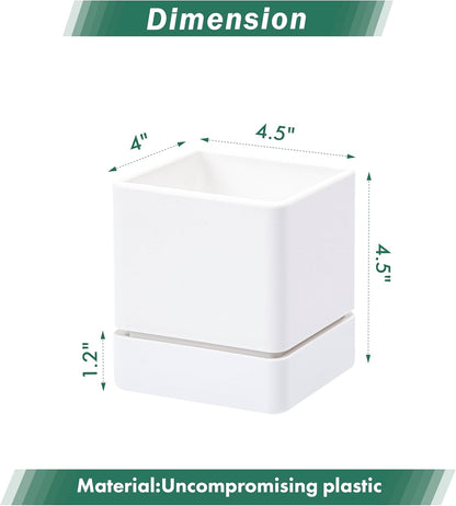 4 Inch Herb Planter Pot, Plastic Planter with Drainage Holes and Saucer, Modern Decorative Gardening Pot for Indoor Plants, Flowers, Herbs, Succulents, White, Set of 1, 76-Y-A-1