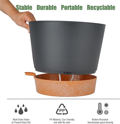 12inch Large Self Watering Plant Pot, Plastic Cylinder Planter with 60Oz Deep Reservoir and Saucer for Indoor Outdoor Plants Flowers Houseplants, Black with Brown