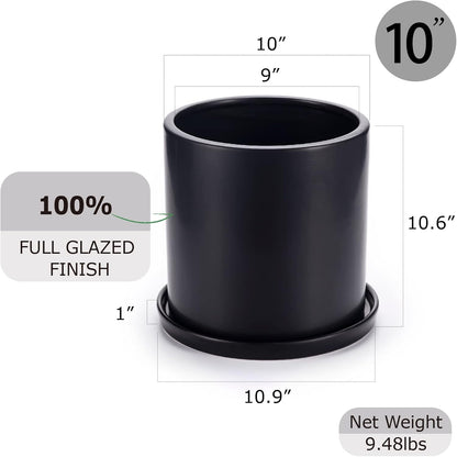 Plant Pots 10 Inch Ceramic Planter with Drainage Hole and Saucer, Matte Black Modern Cylinder Planter Pot for Indoor Outdoor Plants Flowers, Full Glazed Finish