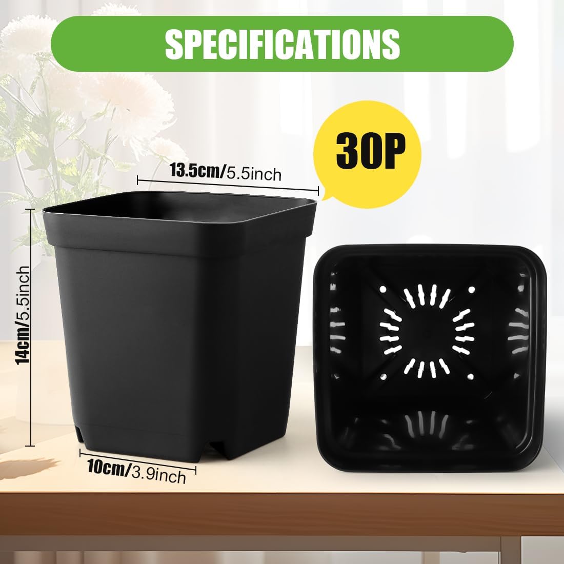 Square Nursery Pots 5.5 Inch, Plastic Plant Pot with Drainage Holes, Reusable Seedling Starter Pots Garden Flower Pots Planters for Indoor Plants, Transplanting, Succulents, Cuttings