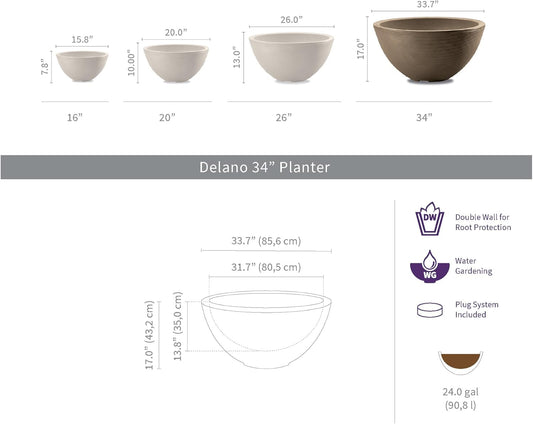 Crescent Garden Delano Bowl Planter, Large Outdoor Round Shallow Plant Pot for Water Garden, Bonsai Plant Pots, Succulents with Drain Hole - Double Walled Bowl Lotus Pot, 34" W (Old Bronze)
