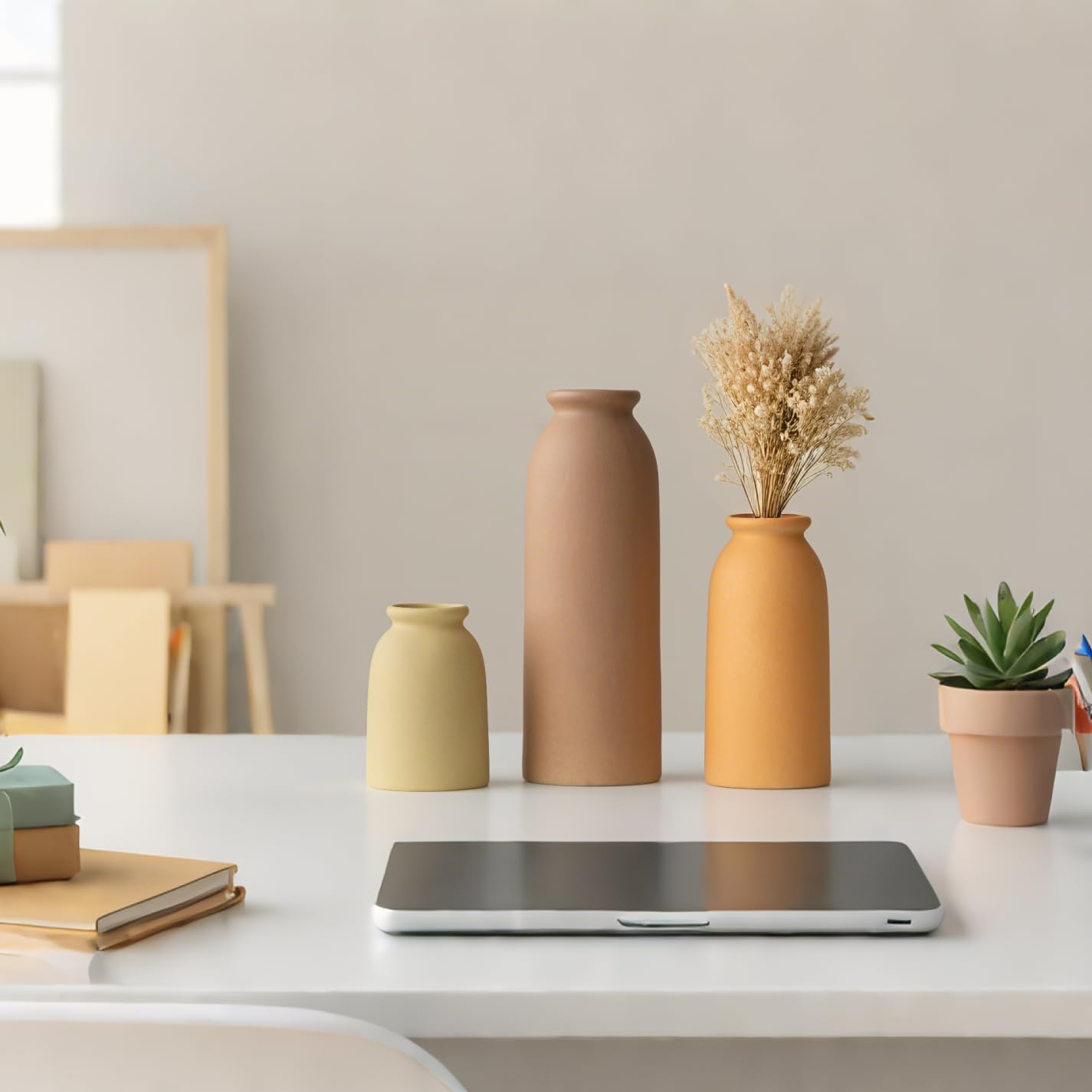 Ceramic Vase Set-3, Small Flower Vases for Decor, Modern Boho Farmhouse Style, Decorative Vases for Pampas Grass & Dried Flowers, Distressed Finish (Brown Mix)