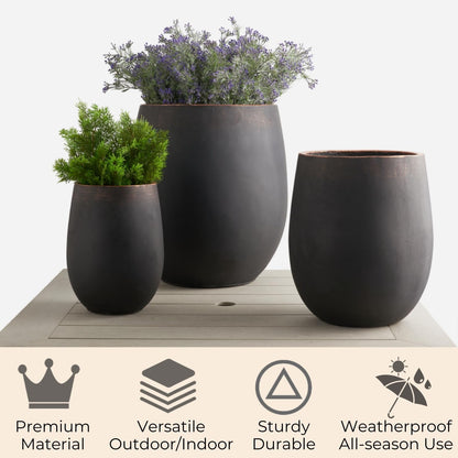 17.7"+13.3"+9.5" Dia Round Concrete Planter Set of 3, Large Outdoor Planter, Black with Gold Rim, Flower Pots with Drainage Holes for Garden, Patio, Home, Office