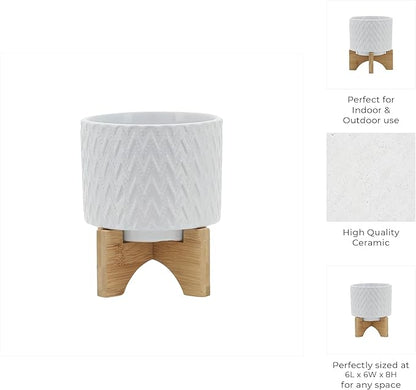 Sagebrook Home Modern Ceramic Planter with Stand - Textured Stoneware Pot with Bamboo Base for Indoor & Outdoor Plants - Decorative Flower Pot for Home & Garden - 8" White