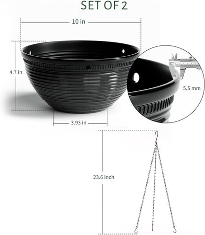 2 Pack Hanging Planters for Indoor Outdoor Plants, 10 Inch Hanging Planter with Drainage Hole & Plug Glazed Hanging Baskets Flower Pots for Garden Home (Black)