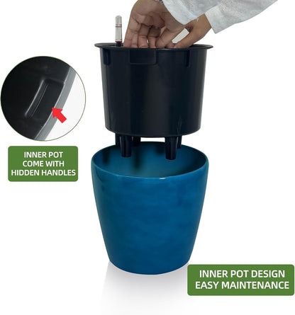 Dexceder 11x10 Inches Self Watering Planter Indoor Outdoor, Inner Pot Design, Thickened Table Flower Plant Pot with Water Level Indicator (Peacock Blue Gradient)