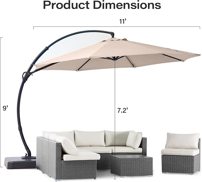 LAUSAINT HOME Outdoor Patio Umbrellas with Base, Upgraded 11FT Curvy Offset Cantilever Umbrella with 360° Rotation Design for Garden, Pool, Backyard, Market, Deck (Champagne-Upgraded)