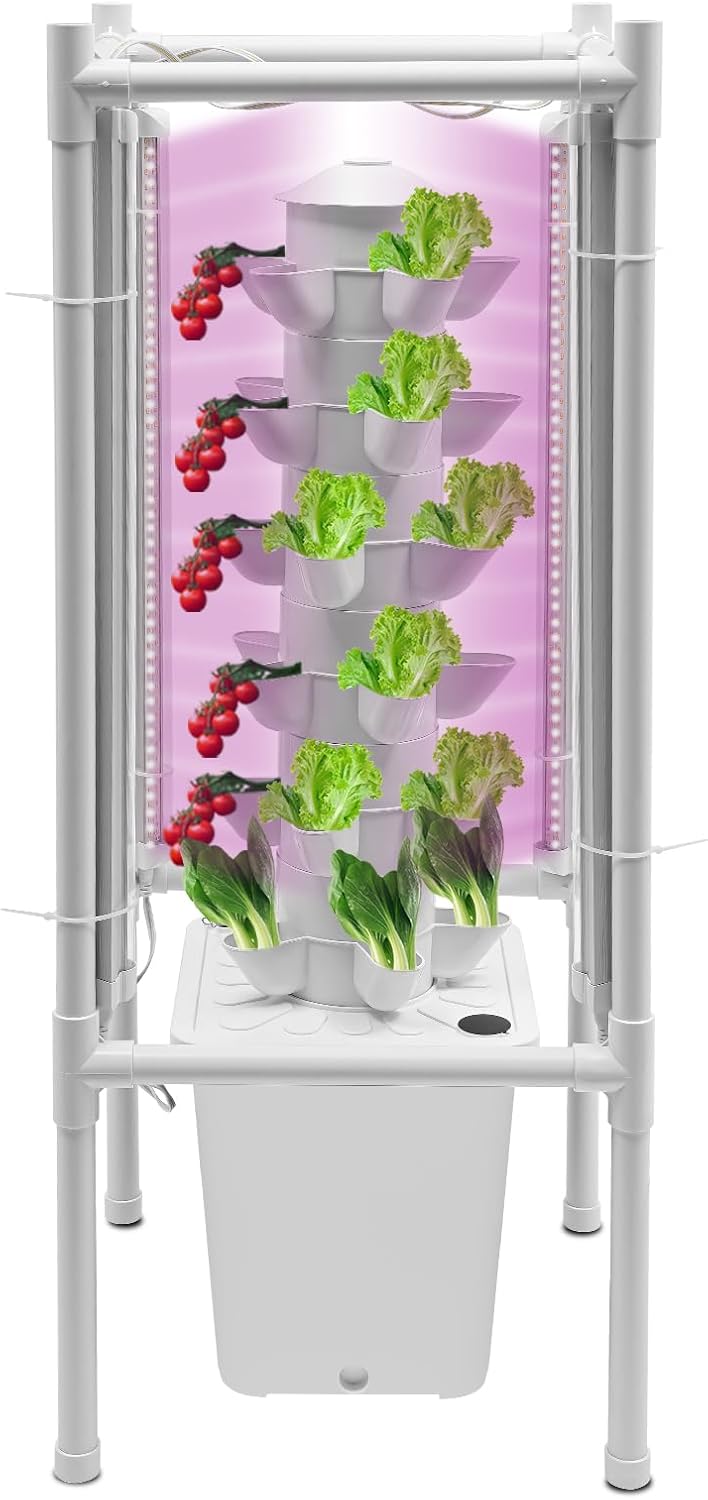 Hydroponics Tower Garden Vertical Growing System Kit, 30-Plant Indoor Gardening Planter Germination Kit with LED Grow Light & Water Pump for Herbs & Vegetables, 2.64Gal White Water Tank