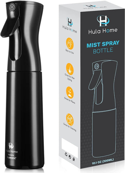 Hula Home Spray Bottle for Hair (10.1oz/300ml) - Powered by Flairosol® Spray Technology - Continuous Ultra Fine Mist Sprayer – For Hairstyling, Cleaning, Salons, Plants, Essential Oil & More - Black