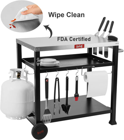 3-Shelf Outdoor Grill Table,Pizza Oven Table for Outside,Movable Grill Cart with Wheels,Indoor & Outdoor Cooking Station, Pizza Oven Stand for Ooni Blackstone Griddle 33.5”x 21.7”