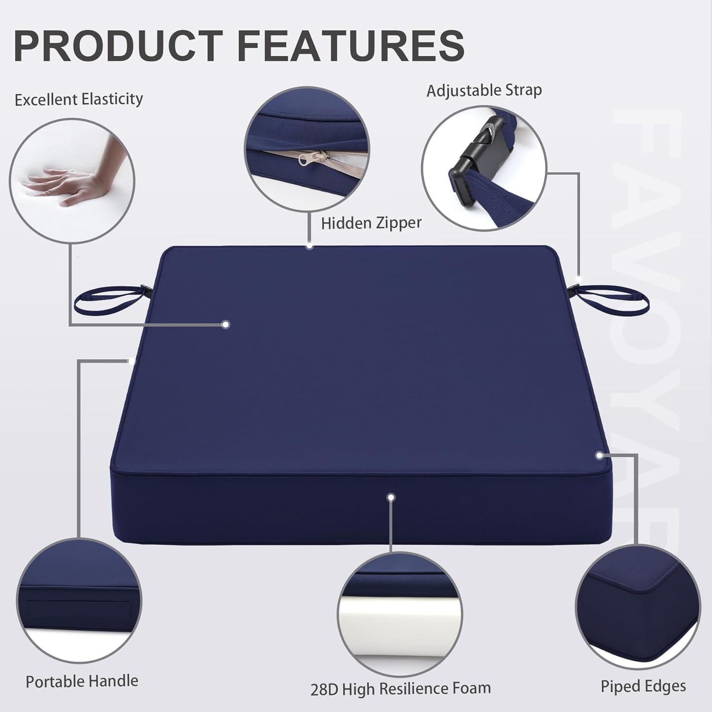 Favoyard Patio Chair Cushions 17 x 16 x 2 Inch Waterproof Outdoor Seat Cushions for Patio Furniture 3-Year Color Fastness Garden Sofa Couch Pads with Handle & Adjustable Straps Set of 2, Blue