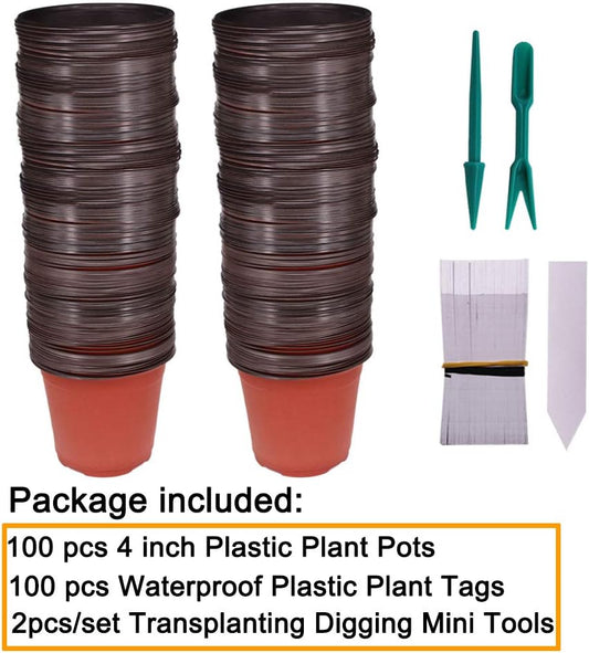 100 Pcs 4" Plastic Seedlings Plants Nursery Pots with 100 Pcs Waterproof Plastic Plant Tags and 2Pcs/Set Transplanting Digging Mini Tools