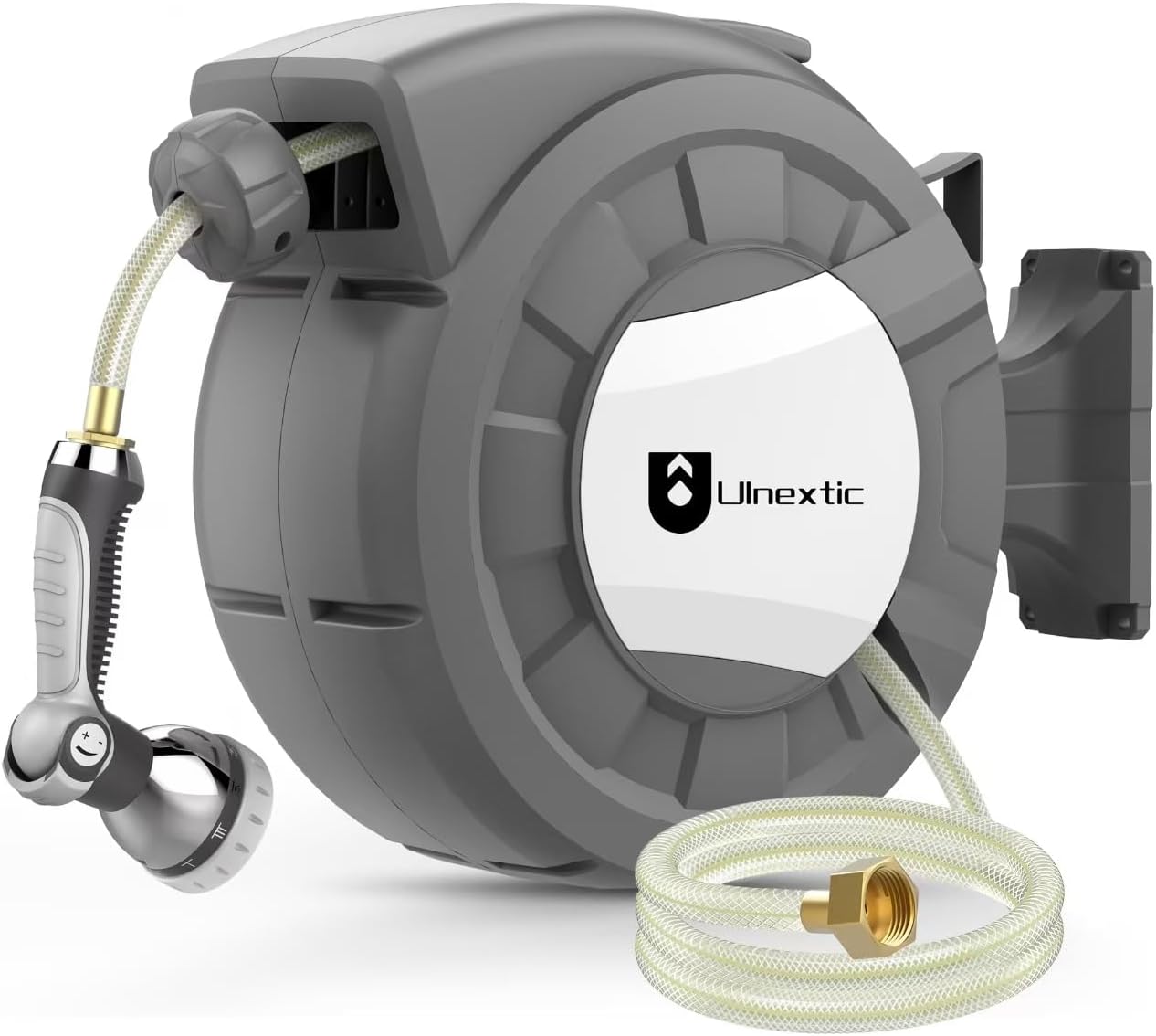 Retractable Garden Hose Reel, 1/2 in x 100 ft Wall Mounted Hose Reel, 10-Pattern Spray Nozzle, Any Length Lock/Slow Return System/Wall Mounted/180°Swivel Bracket