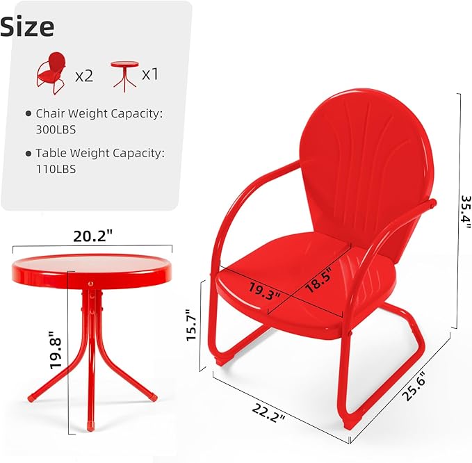 3 Piece Bistro Set, Anti-Rust Table and Chairs Set of 2, Waterproof Retro Metal Chairs for Outdoor Indoor/Porch/Lawn/Balcony- Red