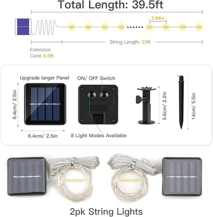 SUDDUS 2 Pack Total 66ft 200 Led Solar Fairy Lights Outdoor Waterproof, 8 Modes Twinkle Lights for Trees, Fence, Garden, Patio, Yard Decorations, Warm White