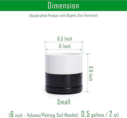 D'vine Dev 6.5 Inch Ceramic Planter Pot with Drainage Hole and Saucer, Indoor Cylinder Round Planter Pot, Layered Monochrome Black & White, 94-O-C-L