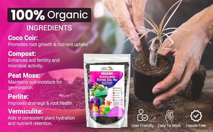 Organic Autoflower Potting Soil Mix – Ready-to-Use Living Soil, No Fertilizers Needed – Balanced Nutrients, Light Texture, Excellent Drainage, Boosts Germination & Root Growth (2 QUARTS)