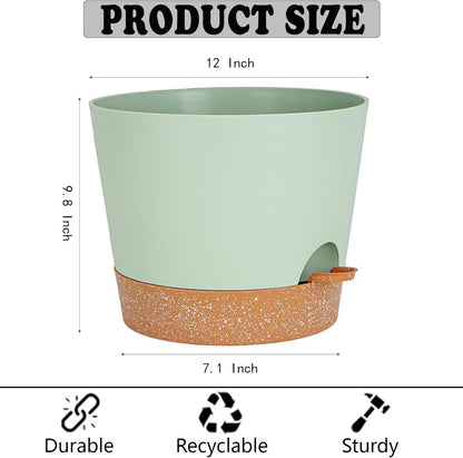 Self Watering Green Plastic Plant Pot Flower Planters with Drainage Hole And Deep Reservoir Large Planting Pots for for All Houseplants,Succulent, African Violets, Flowers and Cactus 12Inch/2pcs