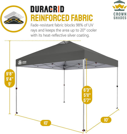 CROWN SHADES 10x10 Pop Up Canopy - Beach Tent with One Push Setup - Easy Outdoor Sun Shade Shelter for Events, Parties - Gazebo with STO-N-Go Cover Bag, Silver Coated Top, Grid Grey