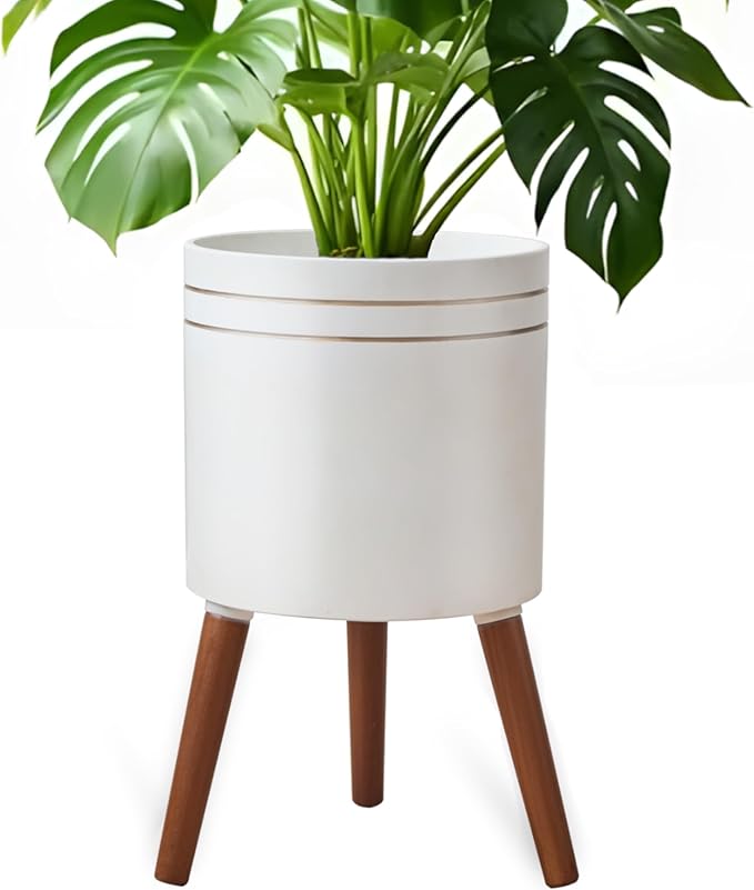 12 Inch Plant Pot with Oak Wood Stand, Large Planter for Indoor Plant, Simple Modern Flower Pot Flower Pot with Drainage Hole for Outdoor