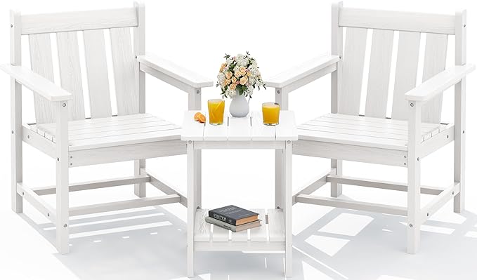 SEWRWALL 3 Pieces Patio Bistro Set, All Weather Adirondack Chair Set with Side Table, HDPE Material Outdoor Patio Furniture Set for Balcony, Porch, Garden, Backyard- White