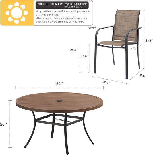 VICLLAX Patio Dining Set for 8, Outdoor Furniture Set Includes 53" Round Patio Table and 8 Patio Sling Chairs, Walnut Wood-Like Tabletop and Brown Fabric