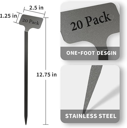 Stainless Steel Plant Labels, Metal Waterproof Plant Markers,Height 12.75 in, Label Area 2.5 in*1.25 in resuable Nursery Tags for Vegetables herb Flower Seed Green House- 20-Pack