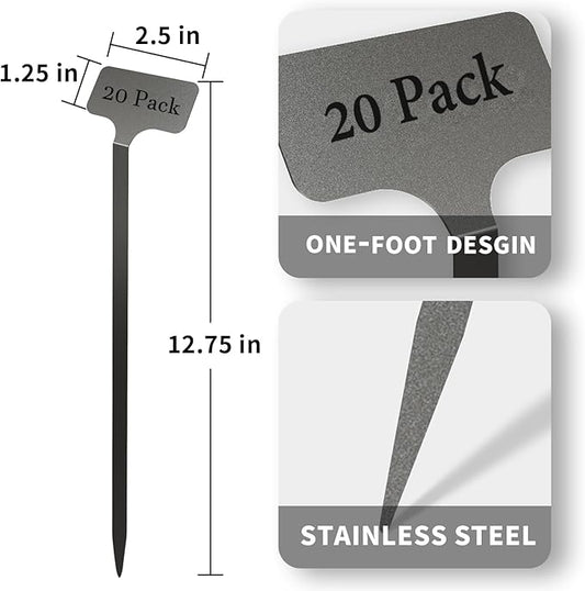 Stainless Steel Plant Labels, Metal Waterproof Plant Markers,Height 12.75 in, Label Area 2.5 in*1.25 in resuable Nursery Tags for Vegetables herb Flower Seed Green House- 20-Pack