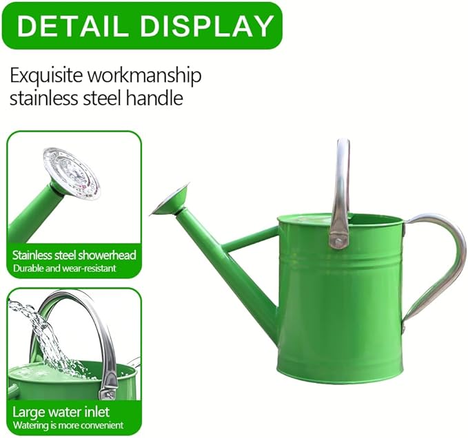 Metal Watering Can, One Gallon Watering Cans Stainless Steel for Outdoor Indoor Garden Plants Watering (Stainless Steel Handle Green)