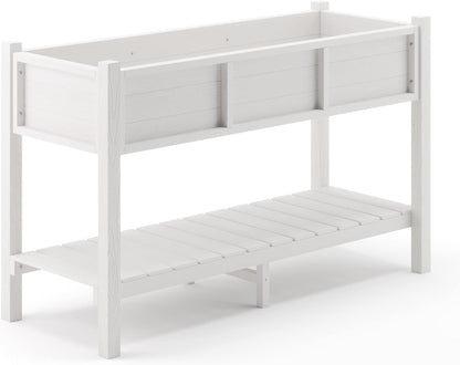 LUE BONA Raised Garden Bed with Tools, 47*18*29 in, Poly Elevated Planter Box with Legs And Storage Shelf, Weather Resistant, 3-Year Warranty, Standing Growing Bed Herb Planter for Vegetable, White