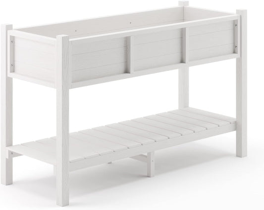 LUE BONA Raised Garden Bed with Tools, 47*18*29 in, Poly Elevated Planter Box with Legs And Storage Shelf, Weather Resistant, 3-Year Warranty, Standing Growing Bed Herb Planter for Vegetable, White