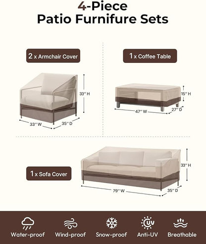 loriano Patio Furniture Cover Set, 4 Piece Outdoor Furniture Cover Waterproof, 600D Heavy Duty Lawn Patio Set Covers (Large)