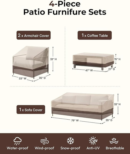 loriano Patio Furniture Cover Set, 4 Piece Outdoor Furniture Cover Waterproof, 600D Heavy Duty Lawn Patio Set Covers (Large)