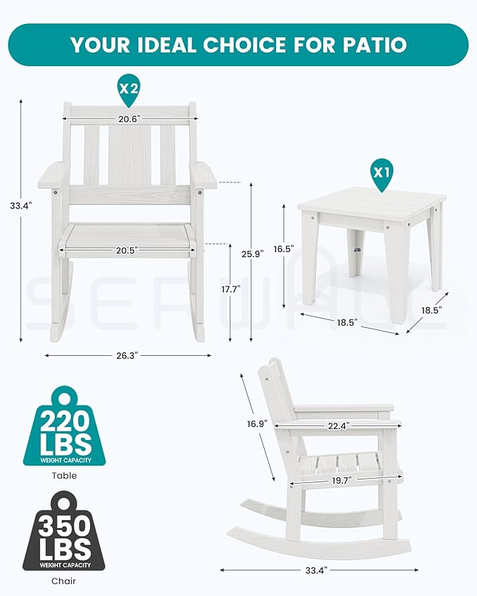 SERWALL 3 Piece Rocking Bistro Set, HDPE Outdoor Patio Table and Chairs, All Weather Outdoor Rocking Set for Backyard,Porch, Poolside, Balcony, and Garden- White