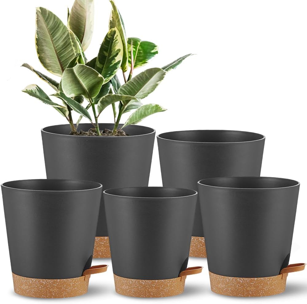 Self Watering Planters Plant Pots Indoor Flower Planting PotsP For Houseplants, African Violet, Flowers, Succulent,Cactus Outdoor Plant Pots with Drainage Holes Black Pots Gift Idea For Lazy people