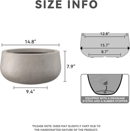Kante 15.7" Dia Round Concrete Planter, Outdoor Indoor Garden Plant Pots with Drainage Hole and Rubber Plug, Modern Curvaceous Design, Weathered Concrete