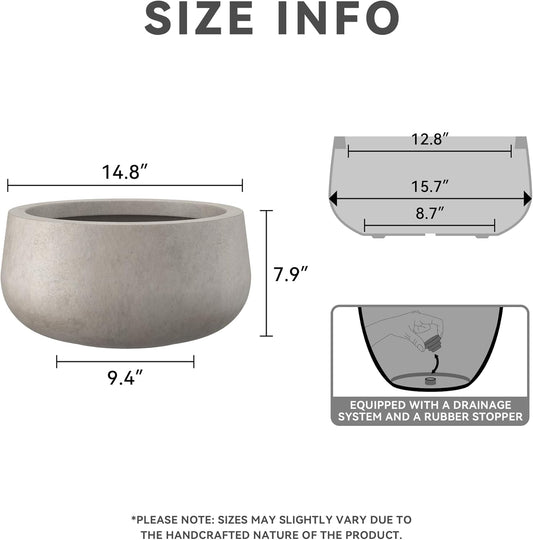 Kante 15.7" Dia Round Concrete Planter, Outdoor Indoor Garden Plant Pots with Drainage Hole and Rubber Plug, Modern Curvaceous Design, Weathered Concrete