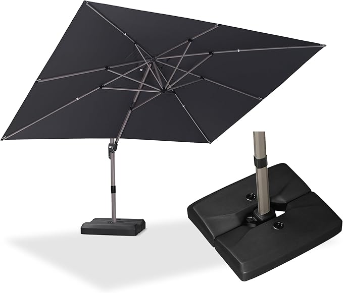 PURPLE LEAF 9' x 11' Patio Umbrella with Base Cantilever Umbrella Rectangular Outdoor Offset Umbrella with Champagne Frame and 360° Rotation for Garden Deck Pool, Black