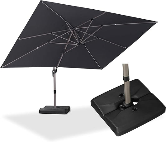 PURPLE LEAF 9' x 11' Patio Umbrella with Base Cantilever Umbrella Rectangular Outdoor Offset Umbrella with Champagne Frame and 360° Rotation for Garden Deck Pool, Black