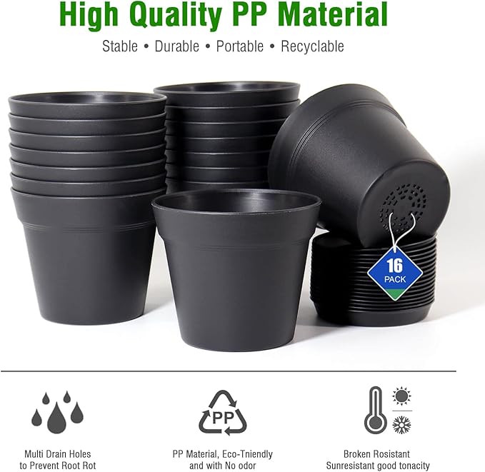 WOUSIWER 16 Pack 6 inch Plastic Planters for Indoor Flower Pots, Heavy Duty and Stylish 6 Inch Plant Pots for Indoor Plants with Drainage Holes and Tray for Plants, Flowers, Black