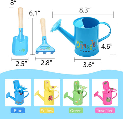 Sungmor Small Watering Can Set Cute Little Gardener Kit | Package Includes 3PC Blue Number Watering Can & Trowel & Rake Gardening Hand Tools | Perfect for Garden,Yard or Beach