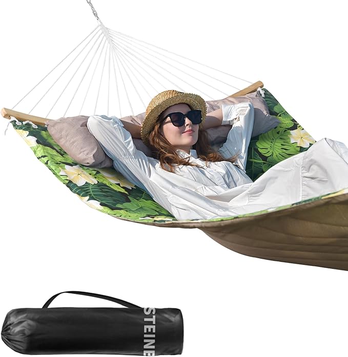 Double Hammock, 11 FT Quilted Fabric 2 Person Hammock for Outside with Pillow, Folding Curved Spreader Bar, Chains, Carrying Bag, Indoor Outdoor, 450 IB Capacity, GreenLeaves