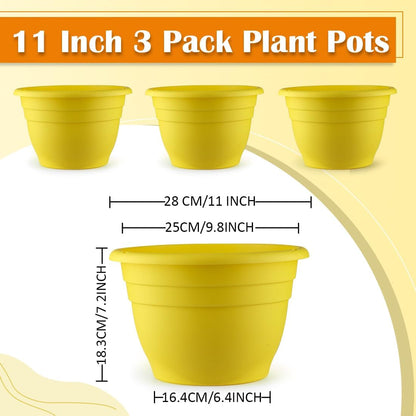 3 Pack 11 Inch Plant Pots with Drainage Hole and Plug, Durable Plastic Flower Pots for Indoor & Outdoor Plants, Elegant Mordern Plant Pots Perfect for Herbs, Flowers & Succulents, Yellow