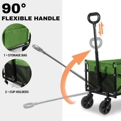 Collapsible Wagon 352LBS Capacity, Foldable Large Carts, Heavy Duty Outdoor Folding Cart with All-Terrain Wheels, Utility Garden Beach Wagon with Storage Bag Green