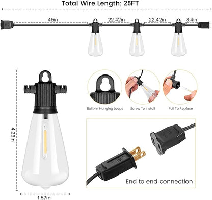 25ft Outdoor String Lights, LED Patio Hanging With 12 Shatterproof Bulbs, Waterproof ETL Listed Bistro for Backyard Garden Cafe
