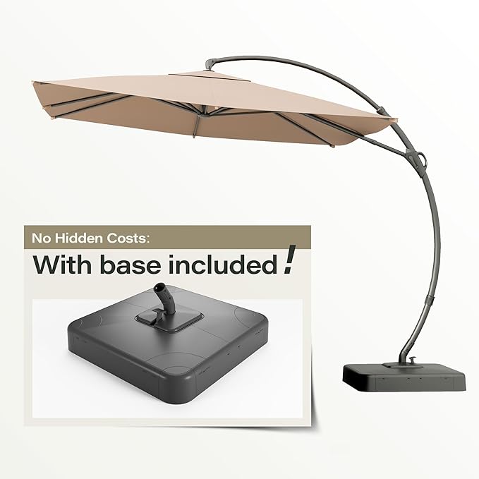 LAUSAINT HOME 10x10FT Patio Umbrella with Base, Large Square Cantilever Umbrella Heavy Duty Offset Hanging Umbrella with 360° Rotation for Market, Pool, Garden, Backyard (Beige 10x10FT)