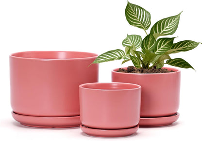 Ton Sin Plant Pots, 4.1+5.1+6.5 inch, Set of 3, Ceramic Planters with Drainage Hole and Saucer, Indoor Flower Pot with Hole Mesh Pad, Gifts for Mom(Matte Orange)